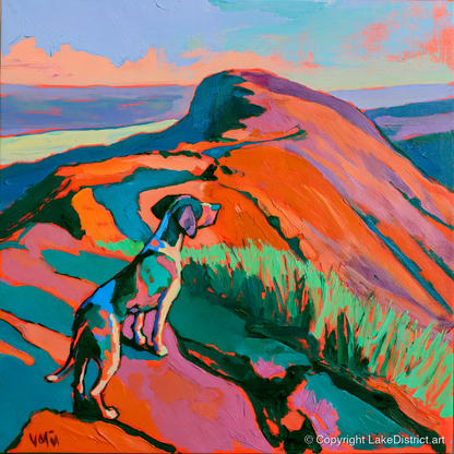 Vibrant Dog on Helvellyn Summit - gifts for dog walkers art print and canvas by Gideon Wright A.I