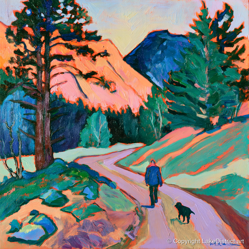 Vibrant Dog Walk at Threlkeld - gifts for dog walkers art print and canvas by Gideon Wright A.I