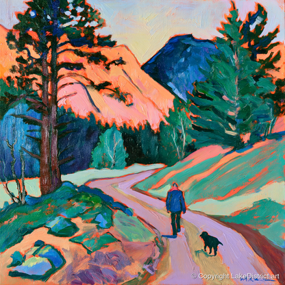 Vibrant Dog Walk at Threlkeld - gifts for dog walkers art print and canvas by Gideon Wright A.I