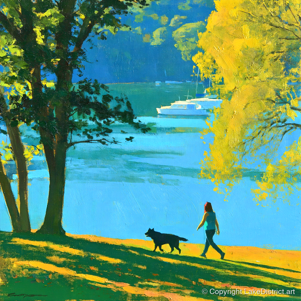 Vibrant Dog Walk at Windermere - gifts for dog walkers art print and canvas by Daphne Morley A.I
