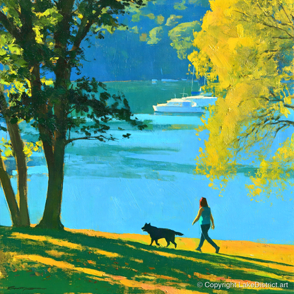 Vibrant Dog Walk at Windermere - gifts for dog walkers art print and canvas by Daphne Morley A.I