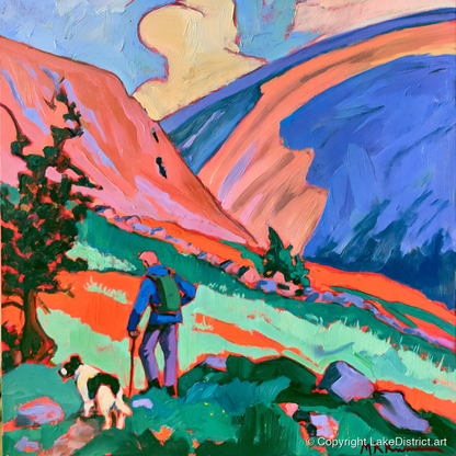 Vibrant Dog Walk on Threlkeld - gifts for dog walkers art print and canvas by Gideon Wright A.I