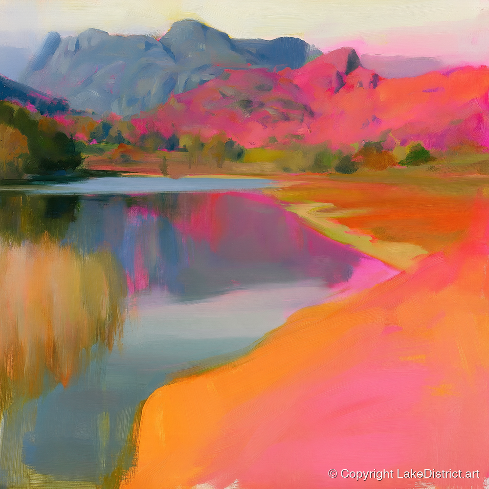 Vibrant Elterwater and Pink Fells - lake district lake art print and canvas by Rosalind Pierce A.I