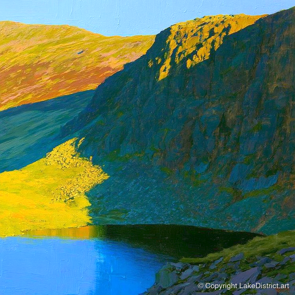 Vibrant Esk Pike and Tarn - lake district fell art print and canvas by Daphne Morley A.I