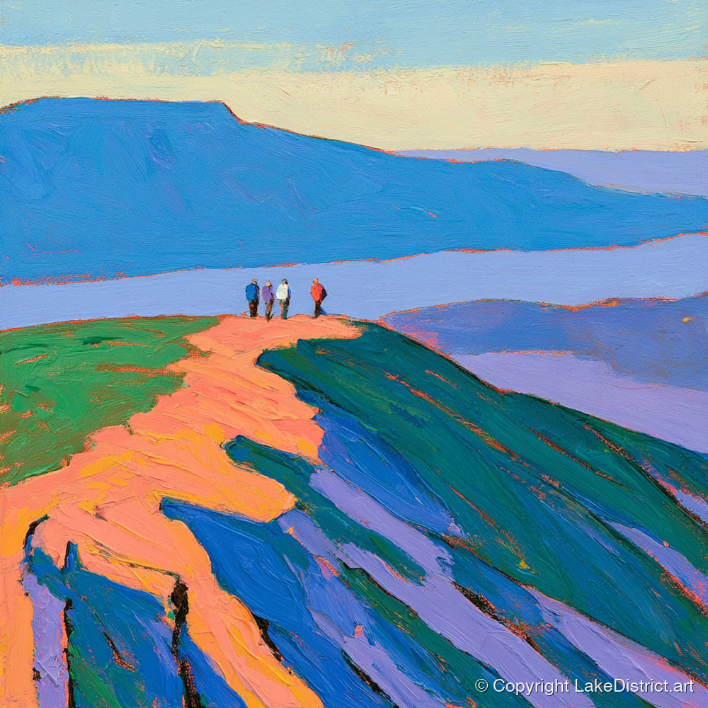 Vibrant Fell Top Hikers - lake district fell art print and canvas by Marshall Davies A.I