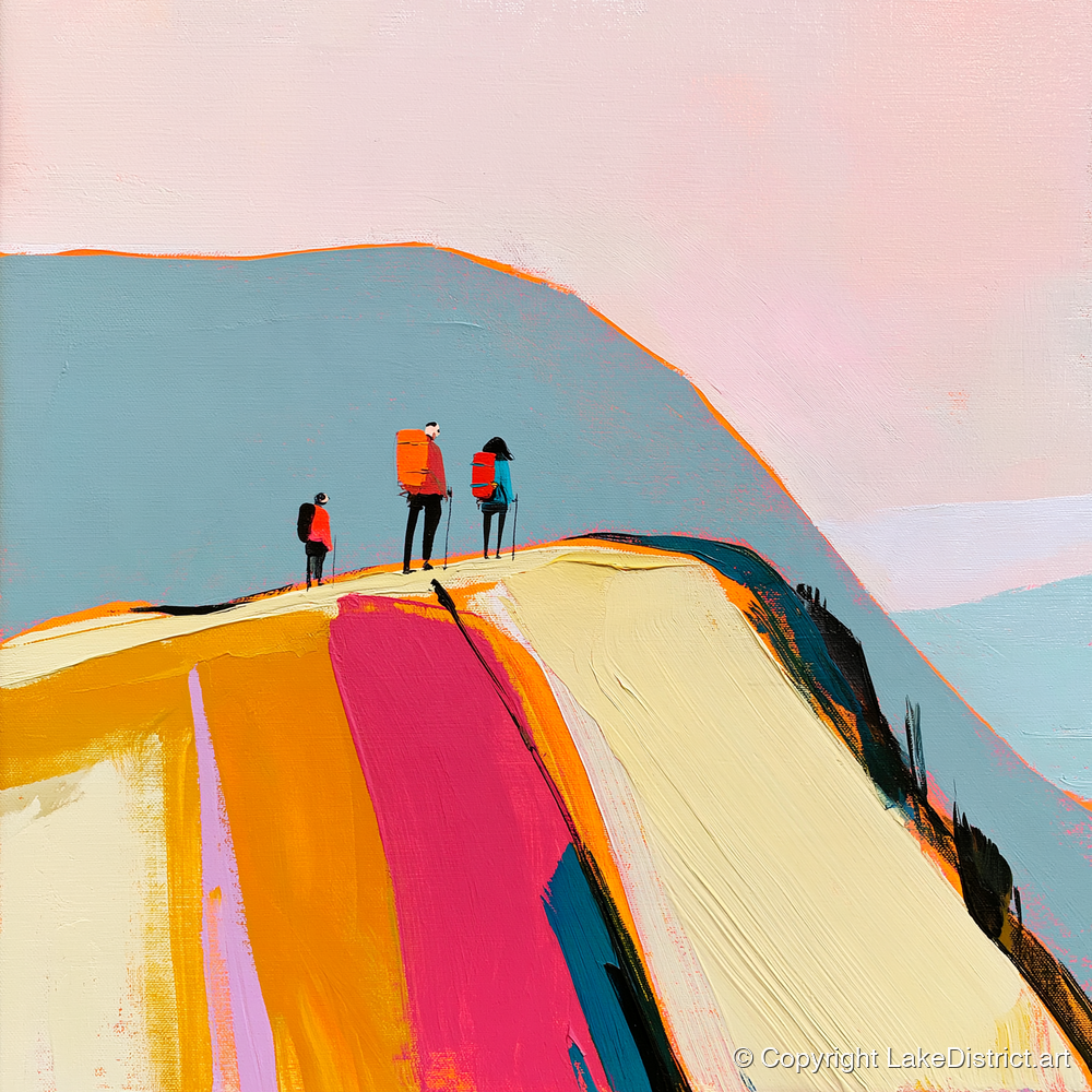 Vibrant Fell Top With Hikers - lake district fell art print and canvas by Genevieve Moore A.I