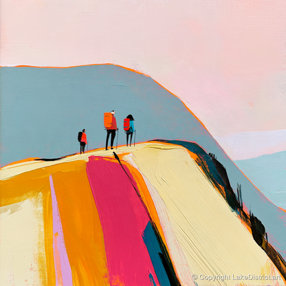 Vibrant Fell Top With Hikers - lake district fell art print and canvas by Genevieve Moore A.I