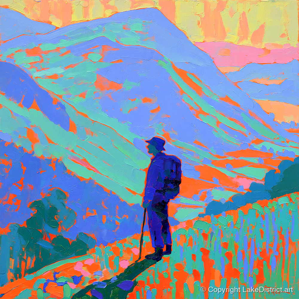 Vibrant Fell Walker Silhouette - lake district walking art print and canvas by Jonathan Crawford A.I