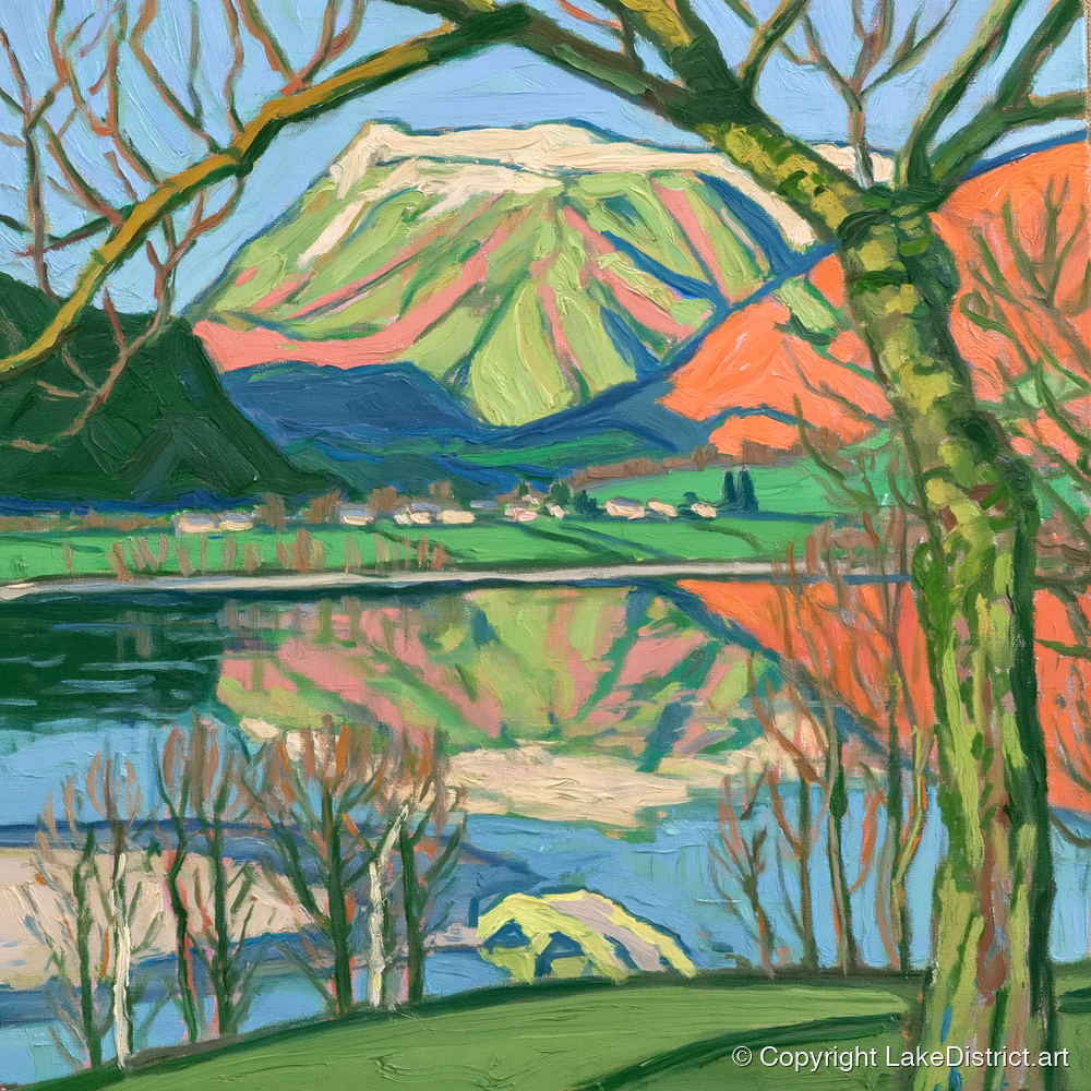 Vibrant Fells above Pooley Bridge - lake district village art print and canvas by Mirabel Carlyle A.I