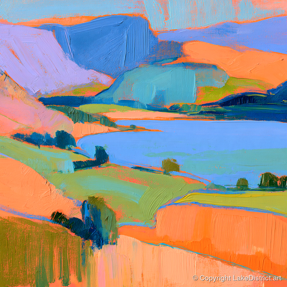 Vibrant Fells And Blue Lake - lake district lake art print and canvas by Simon Prescott A.I