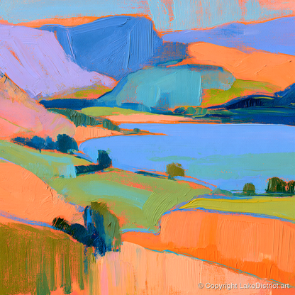 Vibrant Fells And Blue Lake - lake district lake art print and canvas by Simon Prescott A.I