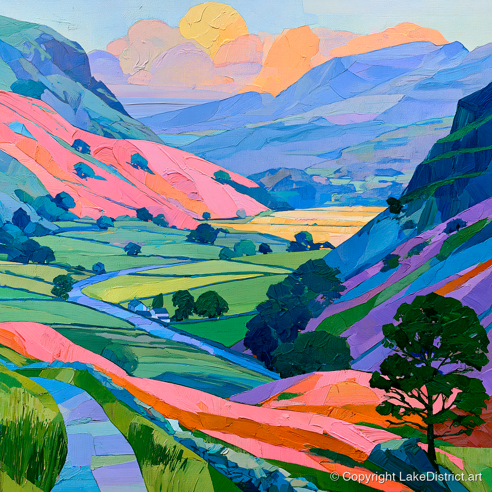 Vibrant Fells and Green Valley - lake district valley art print and canvas by Sylvia Carmichael A.I