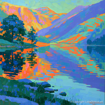 Vibrant Fells and Lake Reflections - lake district lake art print and canvas by Jonathan Crawford A.I