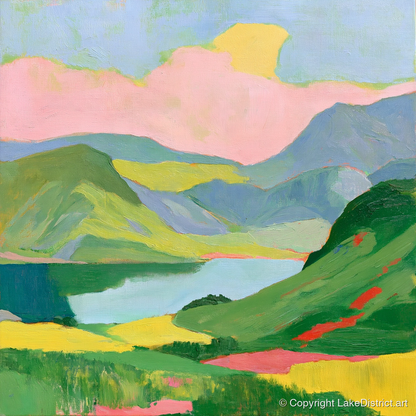 Vibrant Fells and Mountain Lake - lake district lake art print and canvas by Vivienne Roth A.I