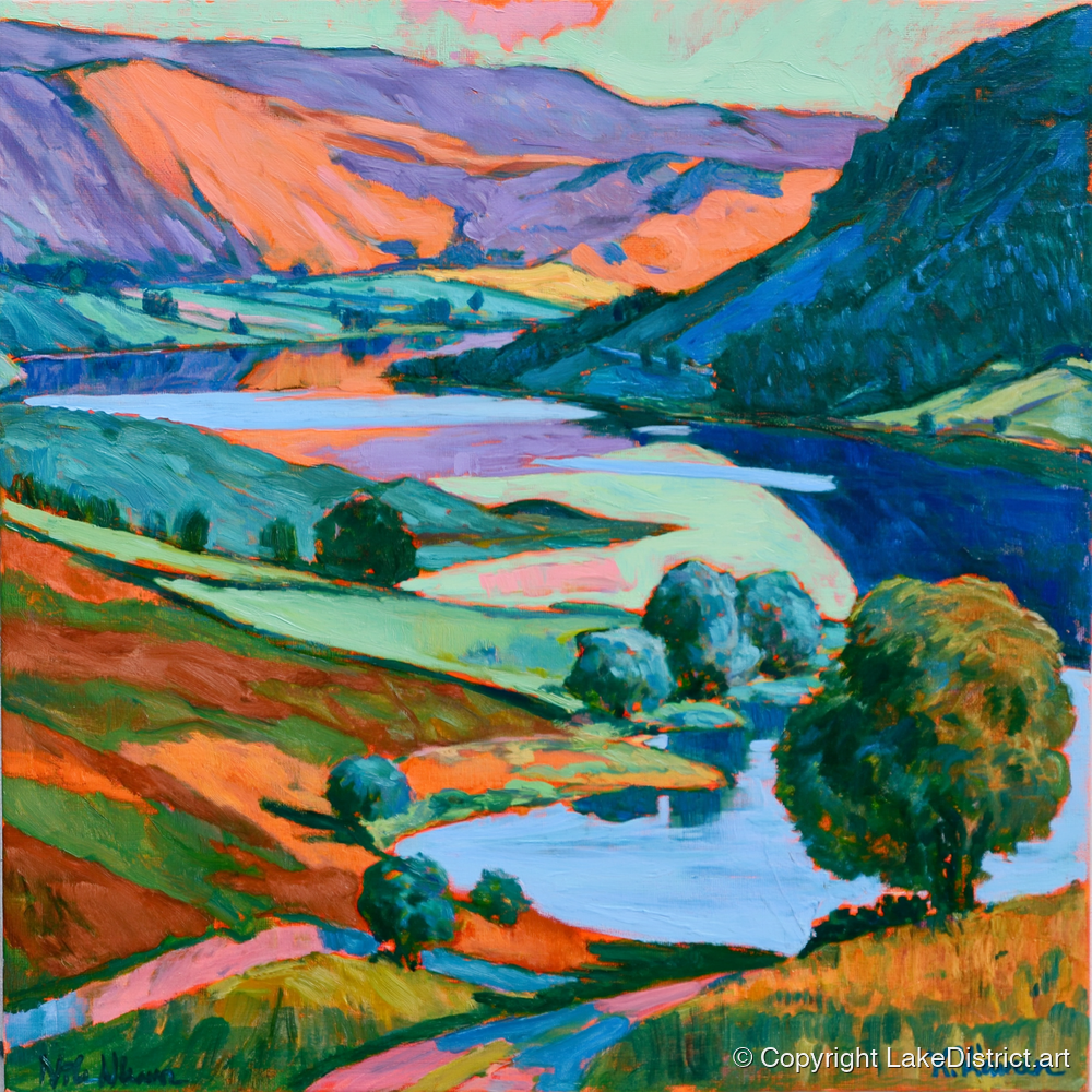Vibrant Fells and Winding Lake - lake district lake art print and canvas by Gideon Wright A.I
