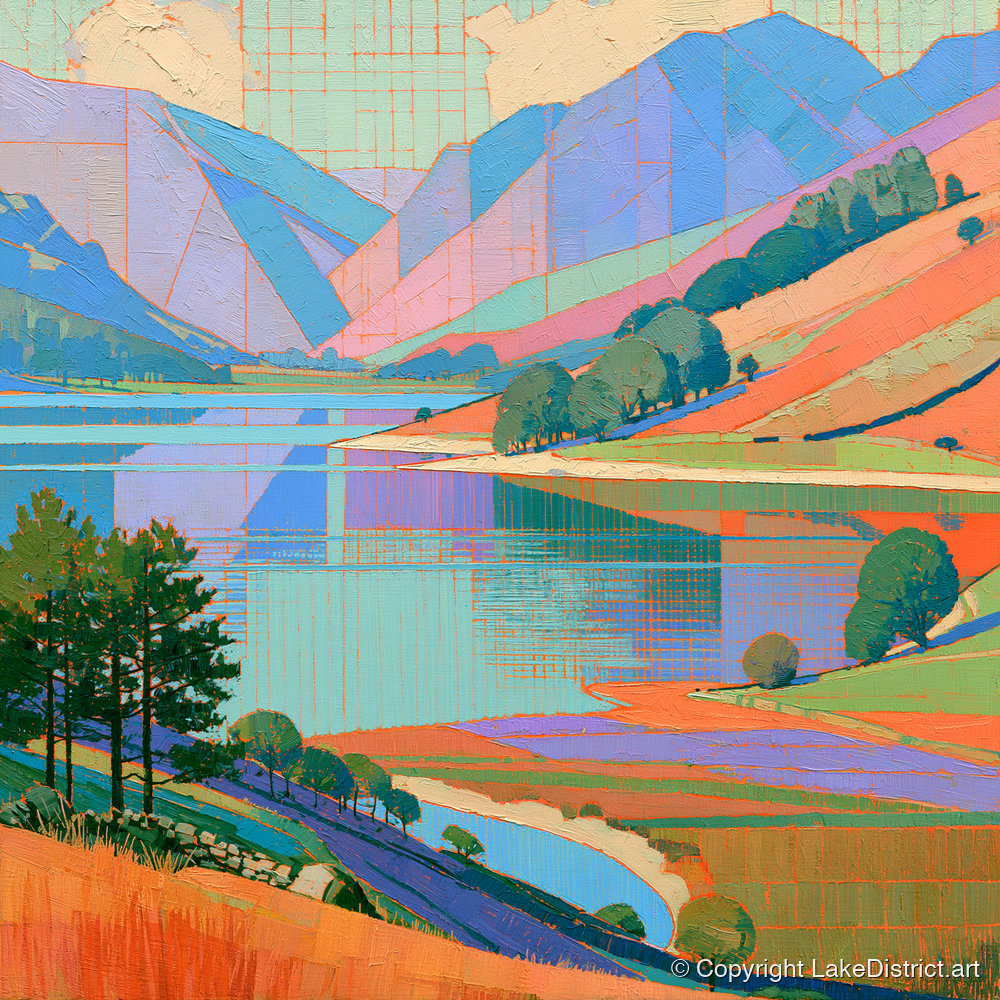 Vibrant Fells Over Turquoise Lake - lake district lake art print and canvas by Victor Penrose A.I