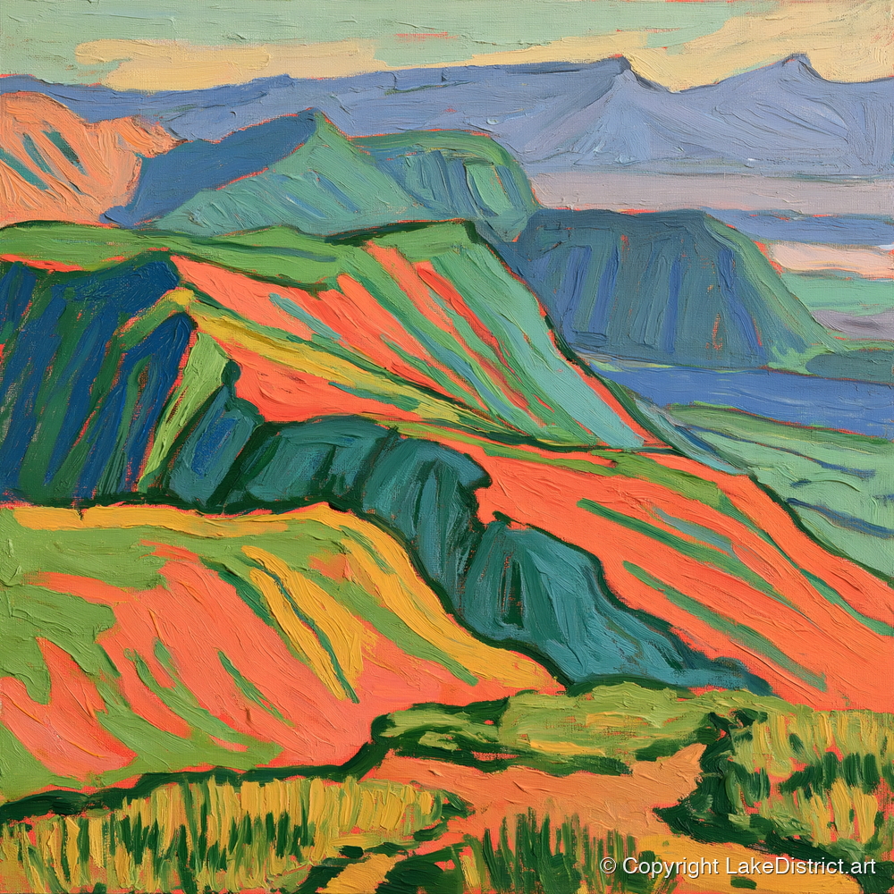 Vibrant Fells Summit View - lake district fell art print and canvas by Mirabel Carlyle A.I