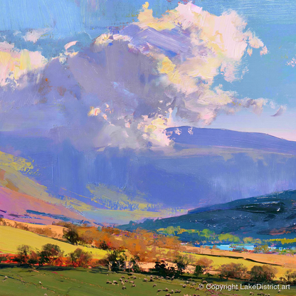 Vibrant Fells Under Dramatic Cloud - lake district fell art print and canvas by Oscar Bellamy A.I