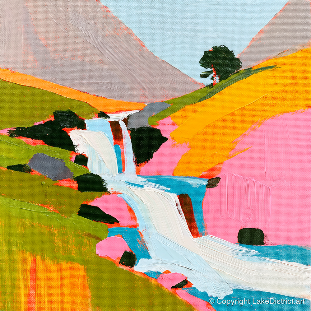 Vibrant Fellside Beck Waterfall - lake district waterfall art print and canvas by Genevieve Moore A.I