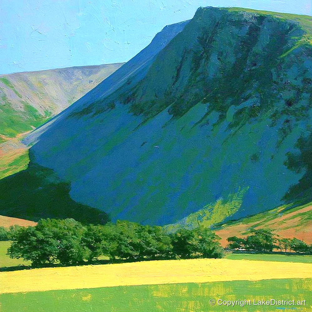 Vibrant Fields Below Great Borne - lake district fell art print and canvas by Daphne Morley A.I