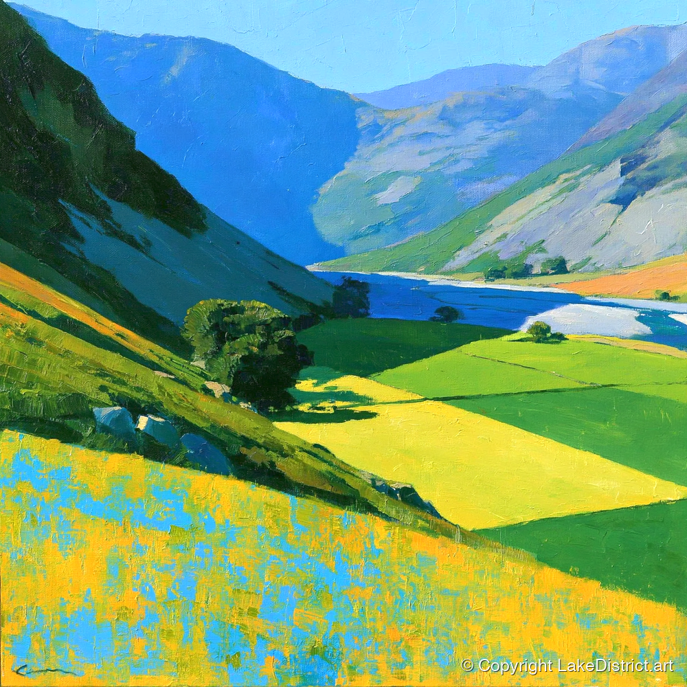 Vibrant Fields of the Buttermere Valley - lake district valley art print and canvas by Daphne Morley A.I