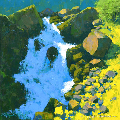 Vibrant Ghyll Waterfall and Sunlit Rocks - lake district waterfall art print and canvas by Daphne Morley A.I