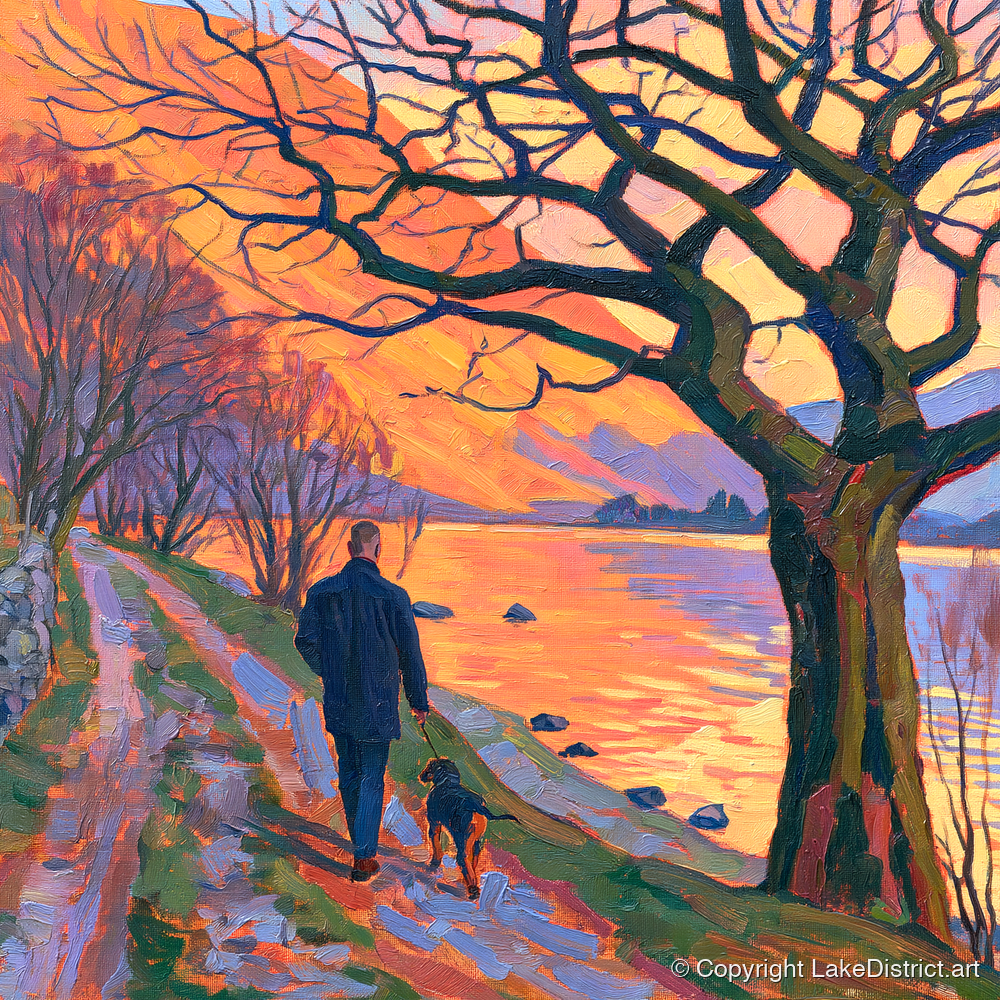 Vibrant Glenridding Sunset Dog Walk - gifts for dog walkers art print and canvas by Celia Harding A.I