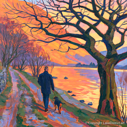 Vibrant Glenridding Sunset Dog Walk - gifts for dog walkers art print and canvas by Celia Harding A.I