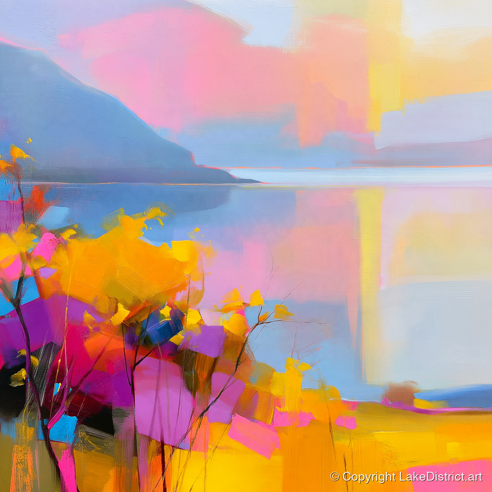 Vibrant Gorse Above the Lake - lake district wildflower art print and canvas by Imogen Tate A.I