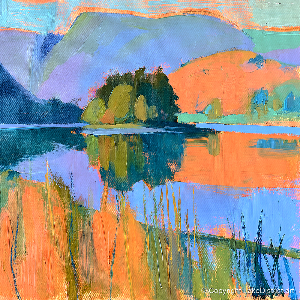 Vibrant Grasmere and Wooded Island - lake district lake art print and canvas by Simon Prescott A.I