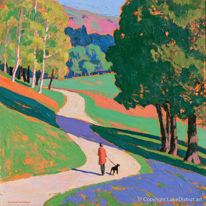 Vibrant Grasmere Dog Walk - gifts for dog walkers art print and canvas by Marshall Davies A.I