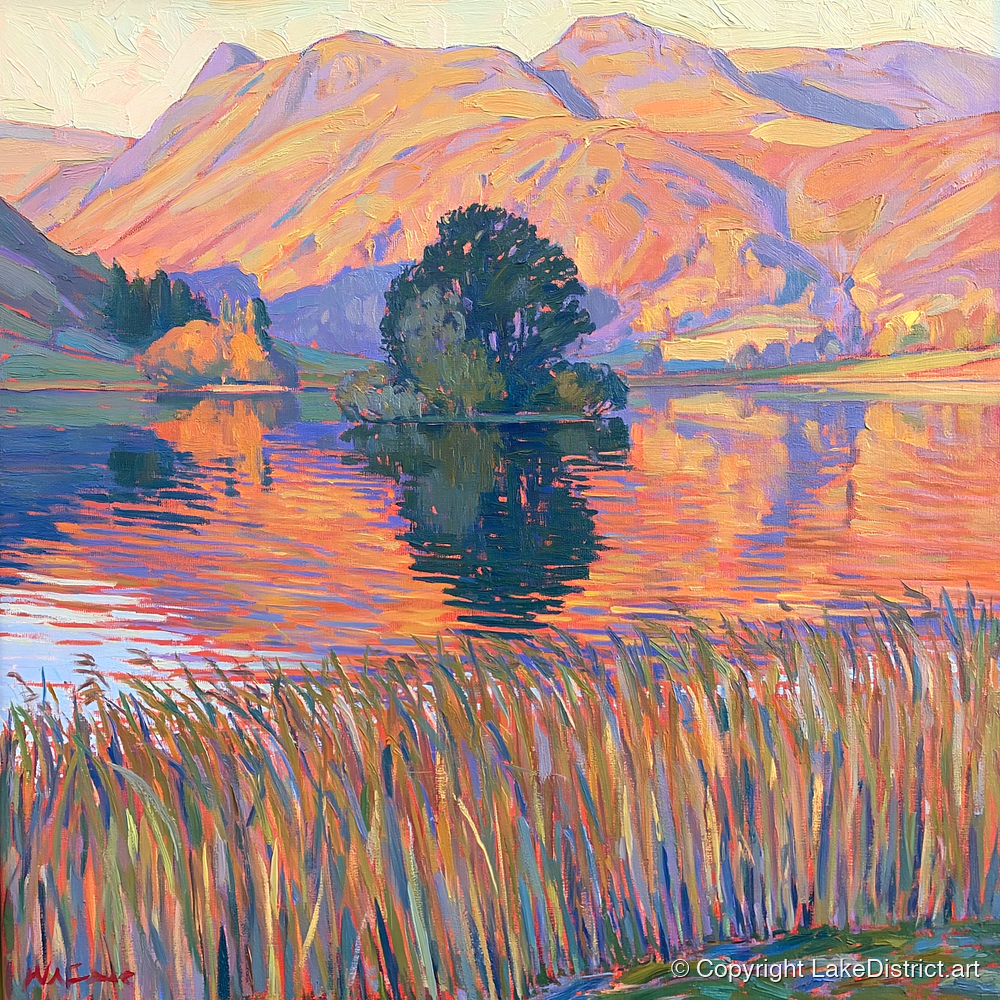 Vibrant Grasmere Island and Fells - grasmere wall art art print and canvas by Celia Harding A.I