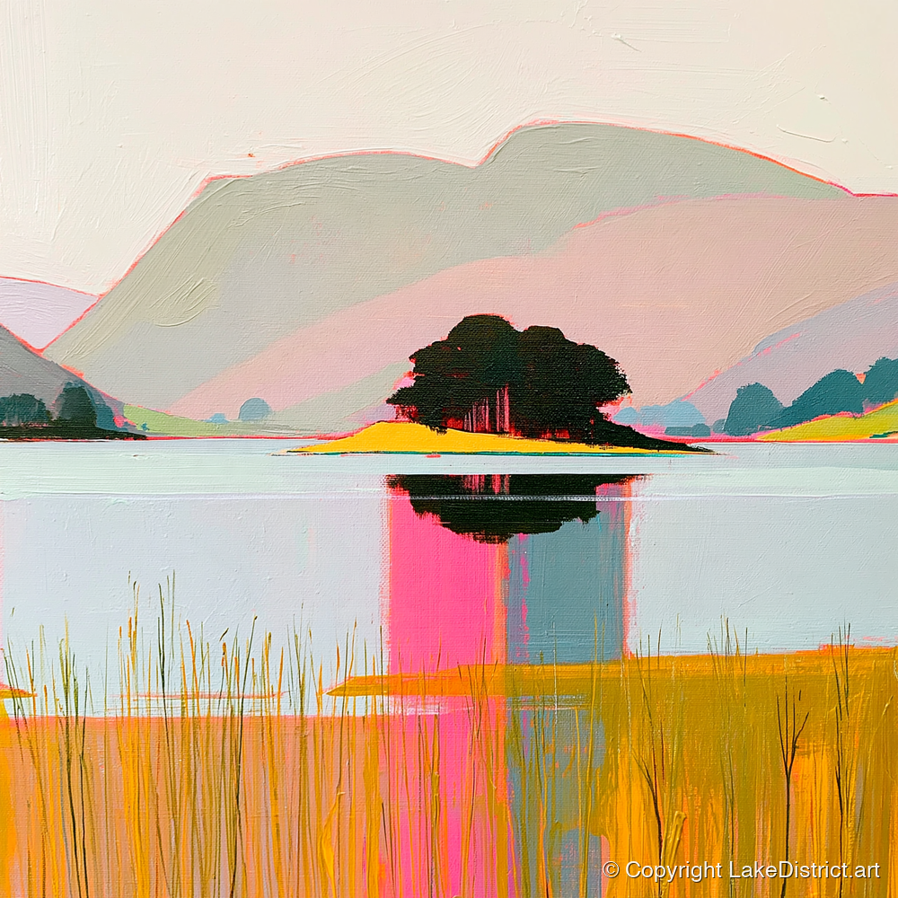 Vibrant Grasmere Island Reflections - lake district lake art print and canvas by Genevieve Moore A.I