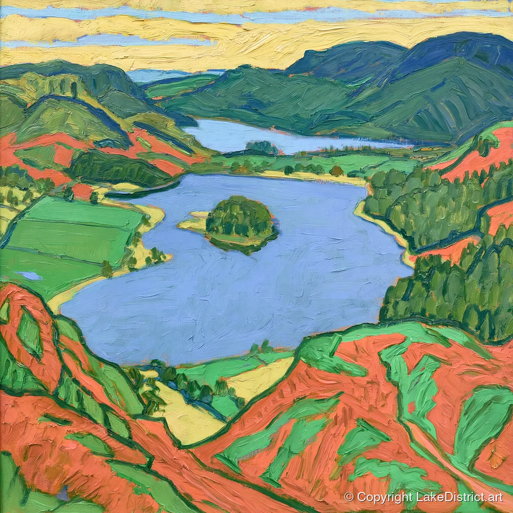 Vibrant Grasmere Over Red Bracken - lake district lake art print and canvas by Mirabel Carlyle A.I