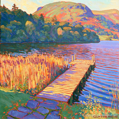 Vibrant Grasmere Pier at Sunset - grasmere wall art art print and canvas by Celia Harding A.I