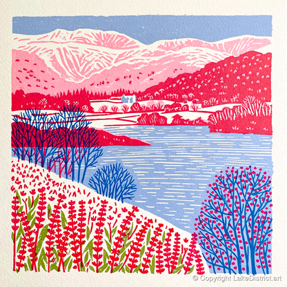Vibrant Grasmere With Pink Fells - lake district lake art print and canvas by Christopher Seaton A.I