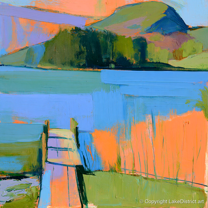 Vibrant Grasmere Wooden Jetty - lake district lake art print and canvas by Simon Prescott A.I
