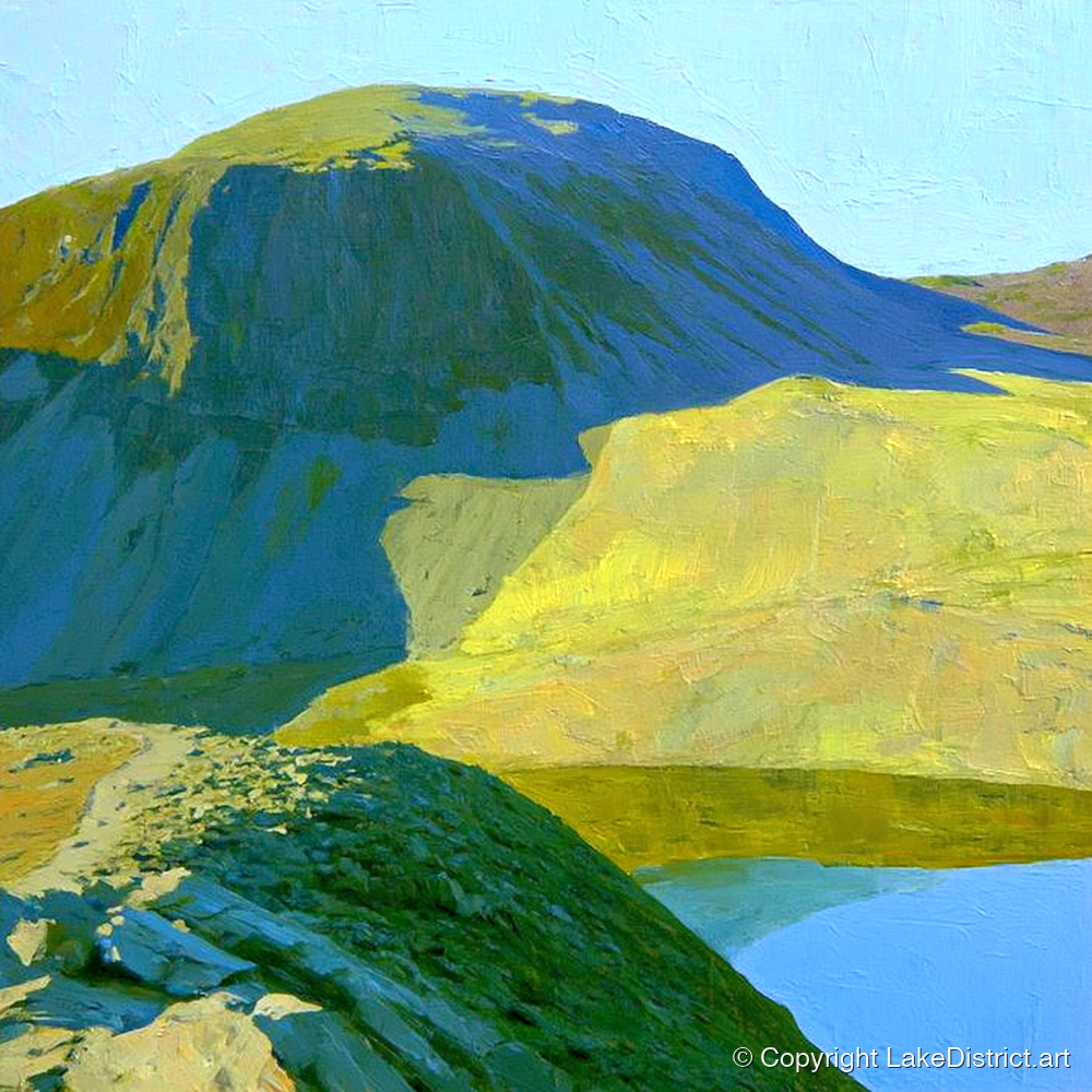 Vibrant Green Gable and Tarn - lake district fell art print and canvas by Daphne Morley A.I