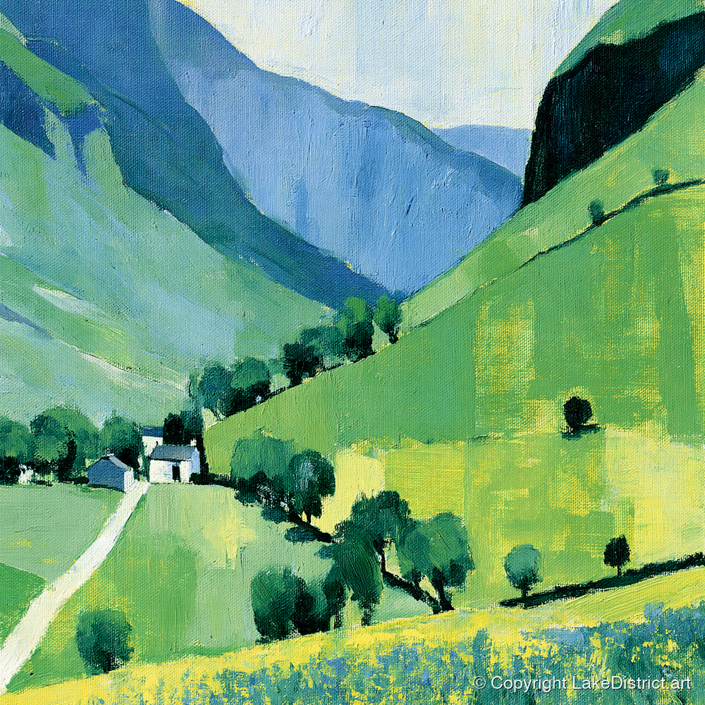 Vibrant Green Valley and Fells - lake district valley art print and canvas by Miles Langdon A.I