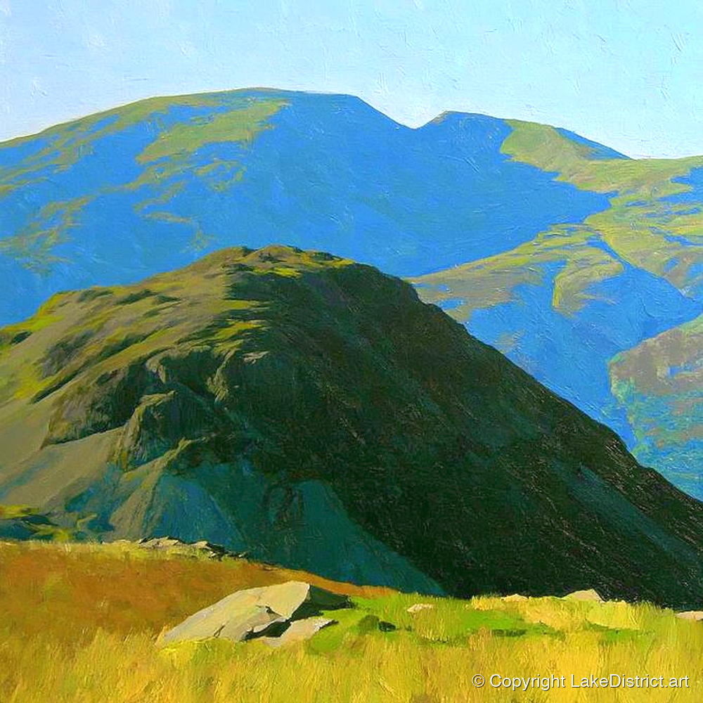 Vibrant Hard Knott and Blue Peaks - lake district fell art print and canvas by Daphne Morley A.I