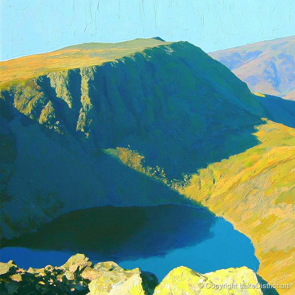 Vibrant Harter Fell Mountain Tarn - lake district fell art print and canvas by Daphne Morley A.I