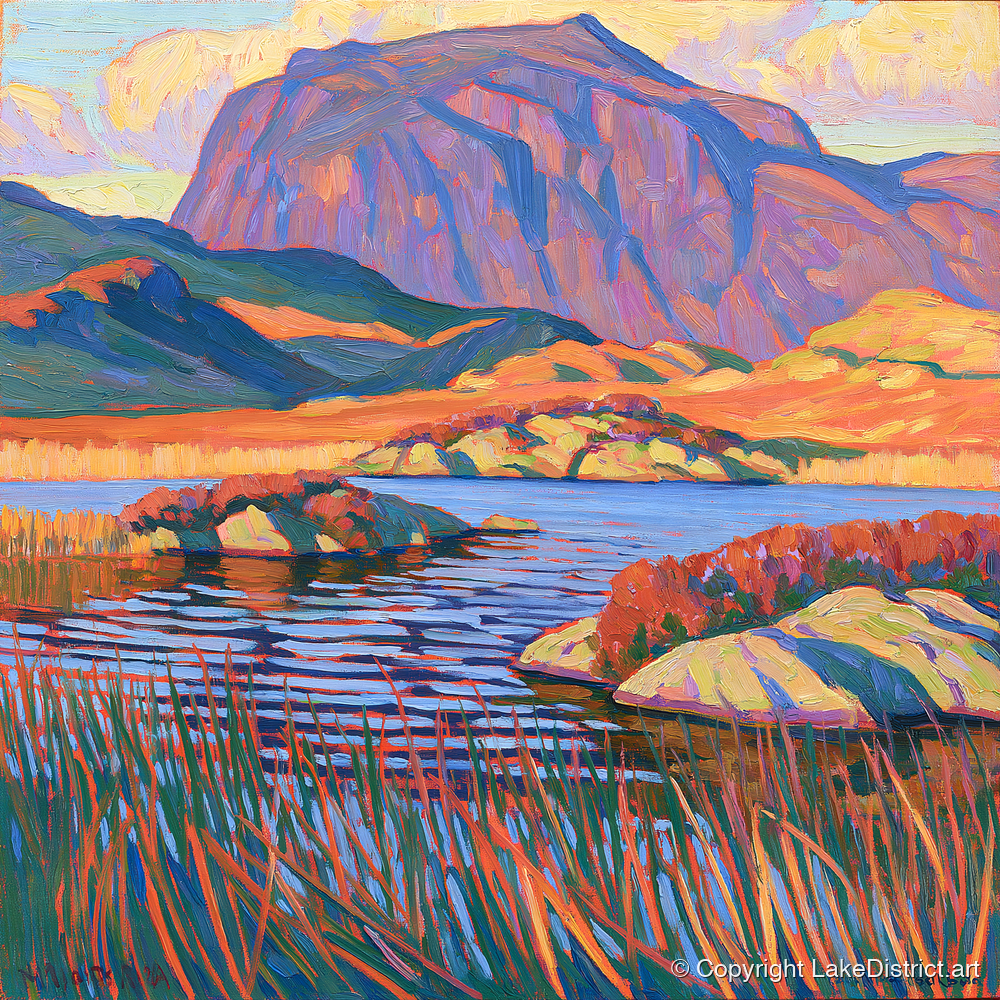 Vibrant Haystacks and Mountain Tarn - lake district fell art print and canvas by Celia Harding A.I