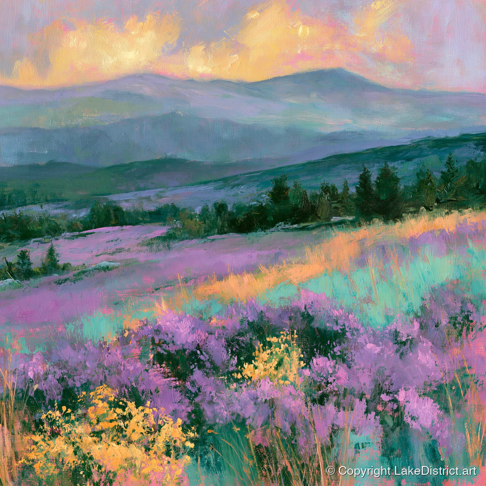 Vibrant Heather Fellside at Sunset - flowers & fellsides art print and canvas by Desmond Fairfax A.I