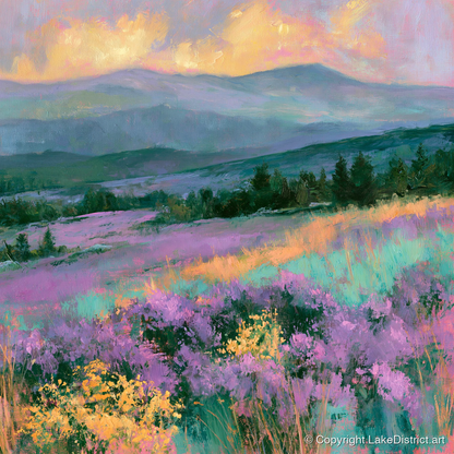 Vibrant Heather Fellside at Sunset - flowers & fellsides art print and canvas by Desmond Fairfax A.I