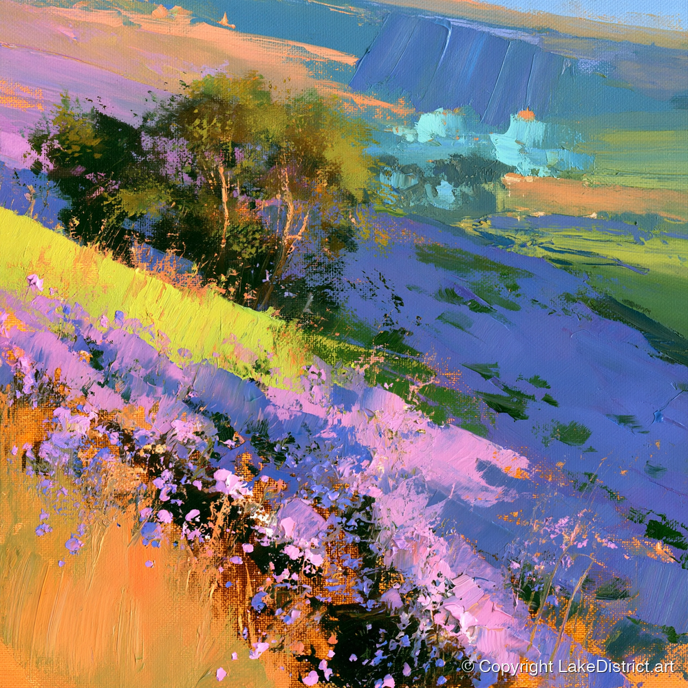 Vibrant Heather Fellside in Bloom - flowers & fellsides art print and canvas by Oscar Bellamy A.I