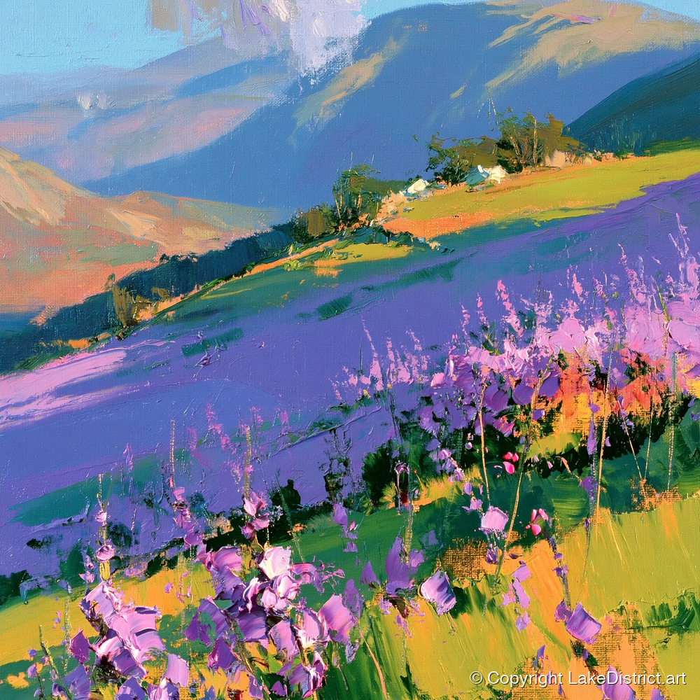 Vibrant Heather on a Lakeland Fellside - flowers & fellsides art print and canvas by Oscar Bellamy A.I