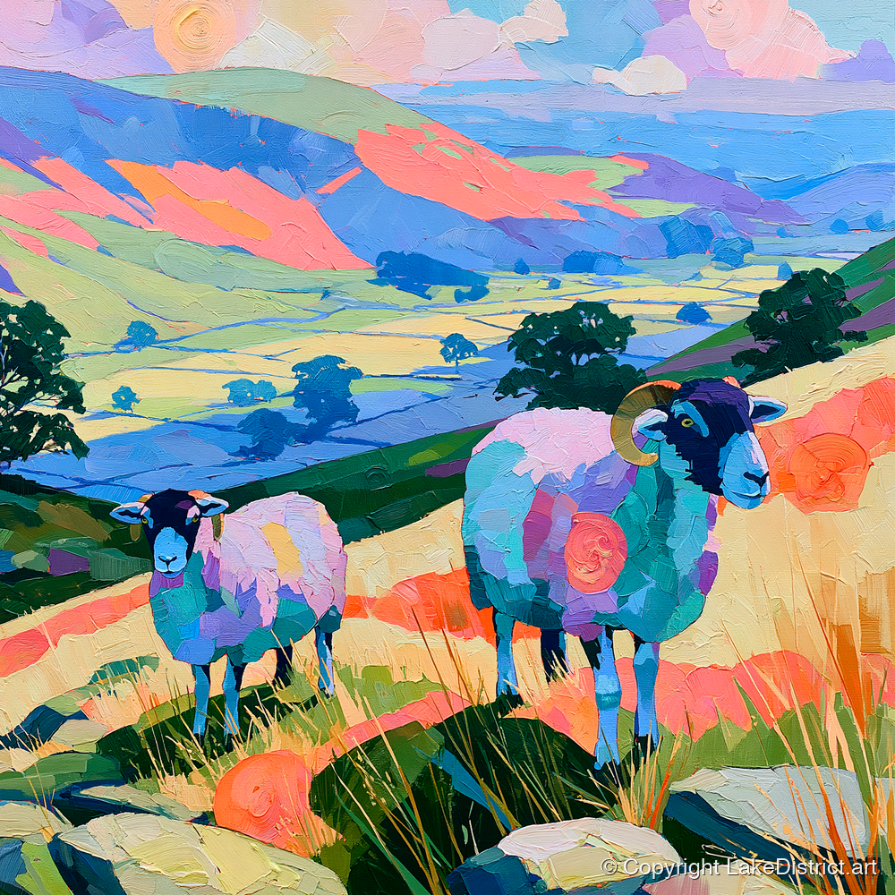 Vibrant Herdwick Sheep Fellside - lake district wildlife art print and canvas by Sylvia Carmichael A.I