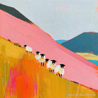 Vibrant Herdwick Sheep on Fellside - lake district wildlife art print and canvas by Genevieve Moore A.I