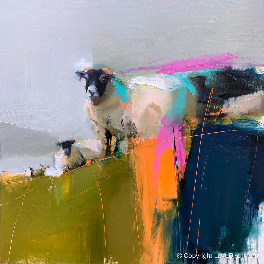 Vibrant Herdwick Sheep on Fellside - lake district wildlife art print and canvas by Warren Yates A.I
