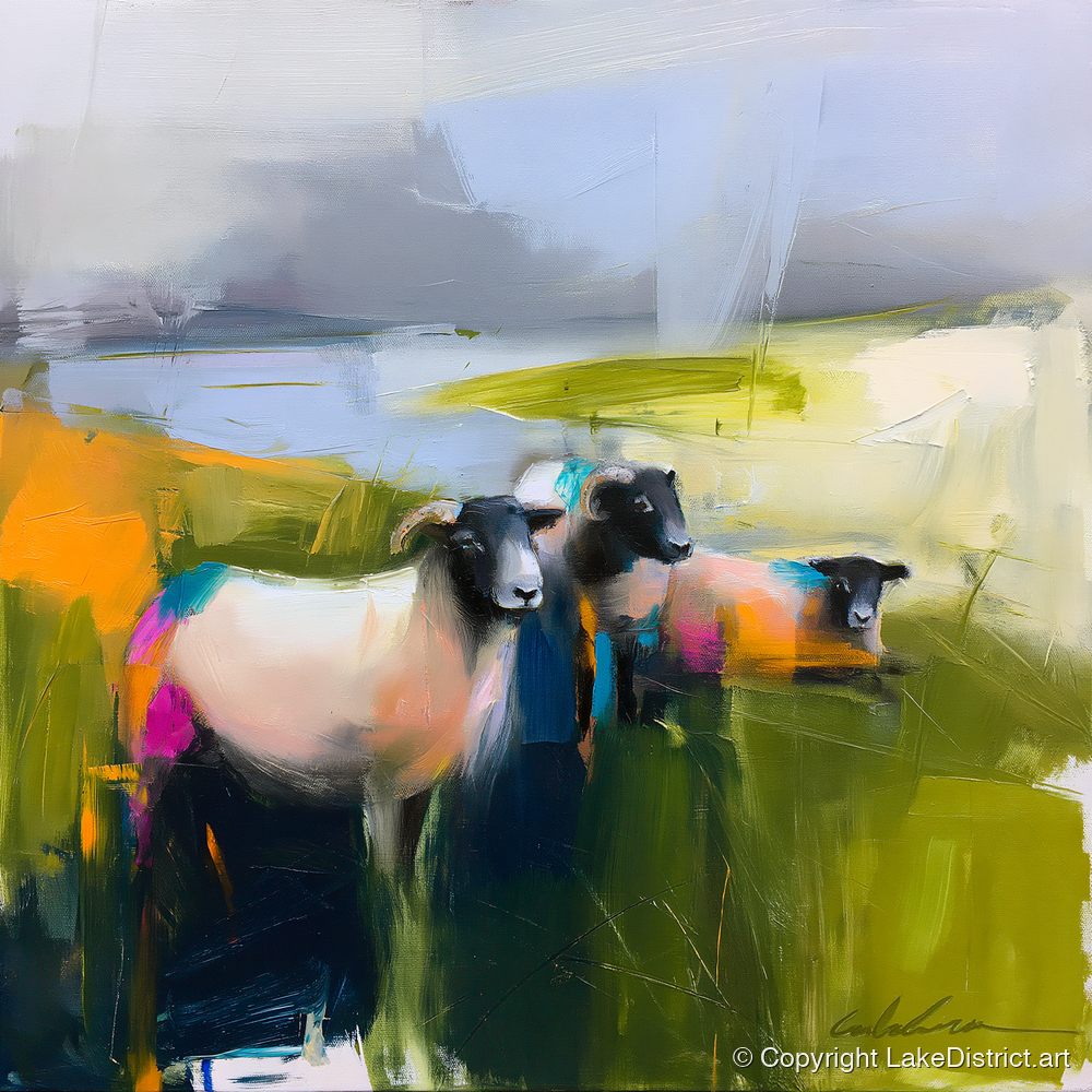 Vibrant Herdwick Sheep on Fellside - lake district wildlife art print and canvas by Warren Yates A.I
